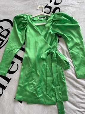 Rotate Green Satin Wrap Mini Dress with Puff Sleeves